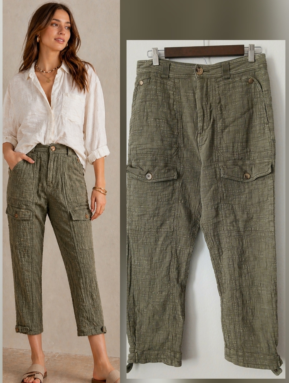 Anthropologie COTTON Olive Cargo Capri CROPPED Utility Boho PANTS Women's SIZE 6